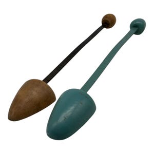 Vintage 2 Ladies Shoe Tree Stretcher Form Shapers 1950&#39;s Wood Metal Pastel Blue