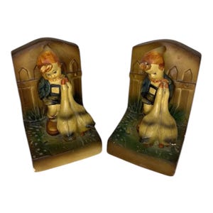 Vintage Chalkware Pair Of Bookends Boy With Geese  Very Cute!