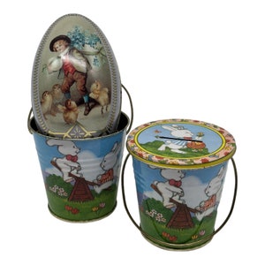 Vintage 2 Easter Jasco Metal Bank Pails & The Tin Box Metal Tin Easter Egg