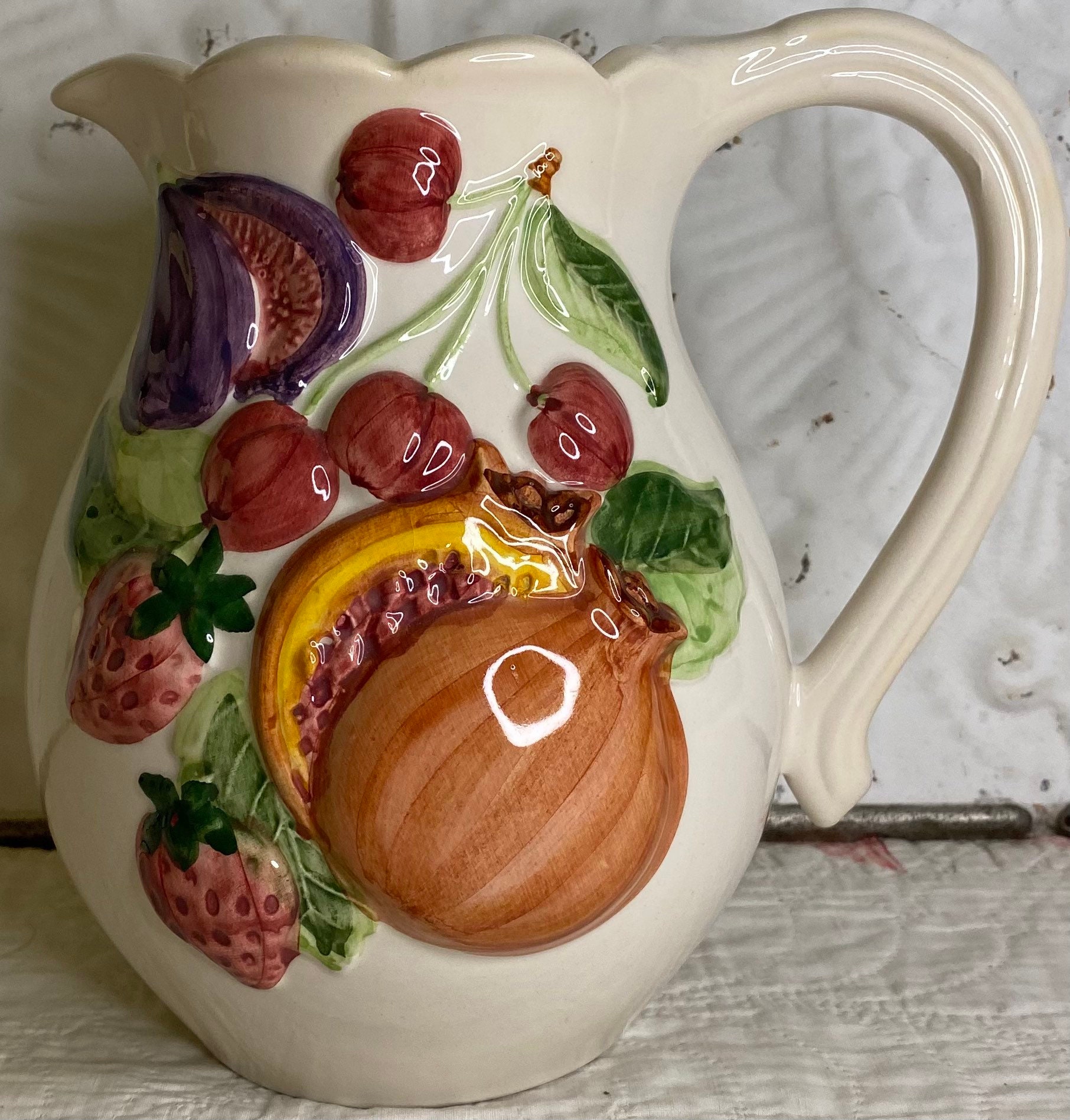 Vintage Pitcher Made in Portugal Embossed 3D Summer Fruits FG Hand-painted  