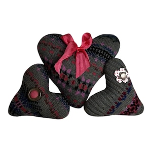 NEW Set Of 3 Handmade Heart Pillow Tucks Old Sweater Silk Ribbon Valentine’s Day