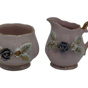 Vintage Norcrest Fine China Miniature Cream and Sugar Set - Pink W/ 3D Flowers