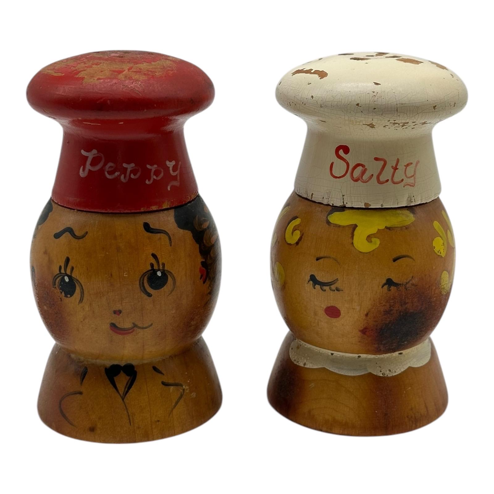 Vintage Salty and Peppy Large Wooden Salt and Pepper Shakers 5