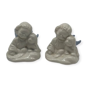 Vintage Set Of 2 Ceramic Angel Girls W/ Angel Dogs  3” Tall  White W/ Blue Wings