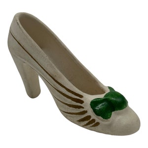 Vintage Mini Ceramic Decorative High Heel Shoe~Green Bow~Gold Accents~2.75” Long