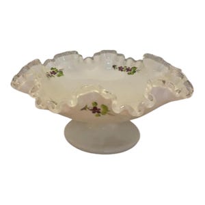 Vintage Fenton Milk Glass Silvercrest Compote  Handpainted Violets Signed W/Logo