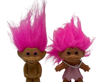 2 Troll Dolls~DAM 5 Pink Hair Sparkle Dress 2005 & Topps Troll Candy Dispenser