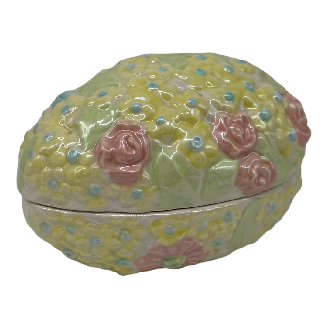 Vtg Easter Egg Shaped Candy Dish & Coverpastel Floralretro7.5so Pretty