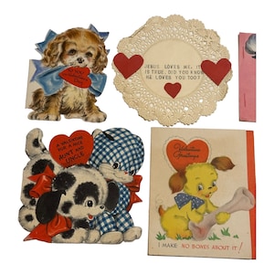 Lot de 6 cartes de Saint-Valentin vintage des années 40, chiot Kitty Bear floqué