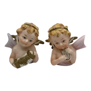 2 Vintage Napco Bisque Musical Angel Cherub Bust Figurines  Accordion & Harp