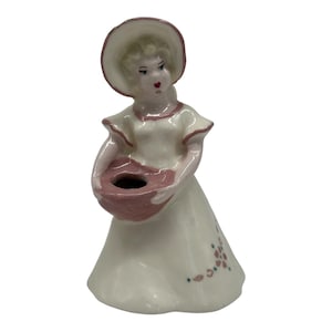 Vintage 1940s Pottery Figural Bonnet Lady Planter Bud Vase Floral Dress