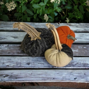NEW Set Of 3 Handmade Fall Autumn Wool & Sweater Fabric Pumpkins Halloween Cute!