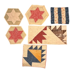 6 Vintage Cutter Quilt Pieces  Assorted Sizes~Early Fabrics~Stars Basket Stripes