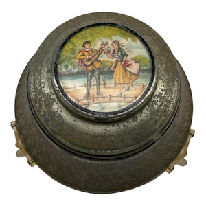 Vintage Silvertone Metal Covered Powder Box With Courting Dancing Musical Couple
