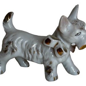 Vintage Ceramic Small Scottie Dog Figurine  Scottish Terrier  White Gold  JAPAN
