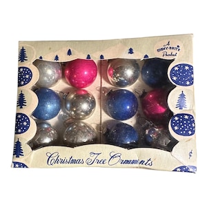 Vintage Mini 1 ”glänzende Brite Multi Color Weihnachtsbaumschmuck 12 Original Box