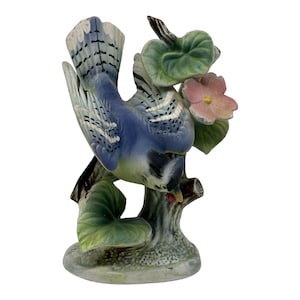 Vintage Beautiful Ceramic Blue Jay Bird On Branch Figurine  Hand Painted  Japan