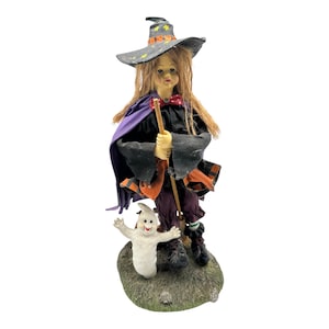 Vintage Halloween Primitive Witch Figurine  Tabletop Decor 14” Resin Fabric