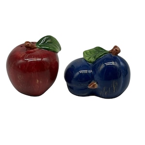 Vintage Kitchen Fruit Salt And Pepper Shakers~Red Apple Blue Plums~Hand Painted