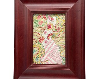 Handmade Textile Bunny Easter Art In Shabby Frame Vtg English Cutter Quilt Piece