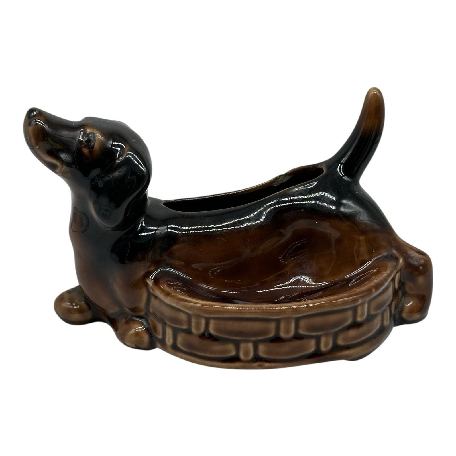 Vintage Brown Dachshund Weiner Dog Ceramic Planter Trinket Dish