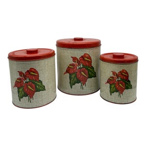 Vintage MCM Set Of 3 Decoware Anthuriums Red Flowers Metal Canisters  Nesting