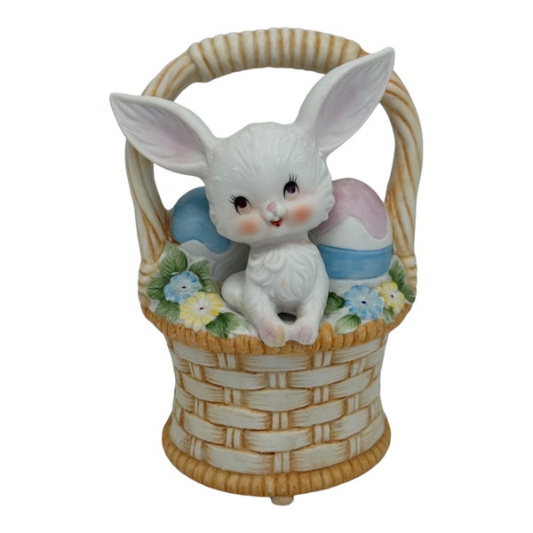 Vintage Easter Ceramic Music Box  Berman & Anderson  Bunny In Basket Easter Eggs