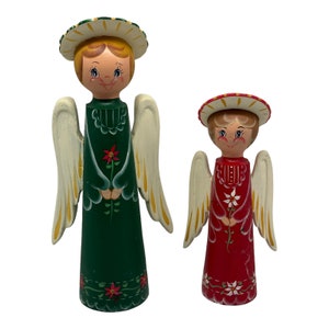 2 VTG Tole Painted Wooden Angel Figurines Poinsettias  Christmas  12.5” & 9.5” T