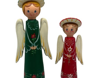 2 VTG Tole Painted Wooden Angel Figurines Poinsettias  Christmas  12.5” & 9.5” T