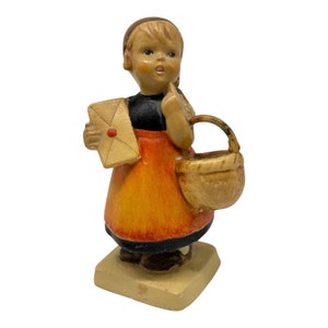 Darling Vintage Chalkware Figurine Girl Holding Basket Letter Mail Dress 5.5” T