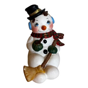 Vintage Hand Painted Ceramic Shelf Sitter Snowman Holding Broom Christmas Decor