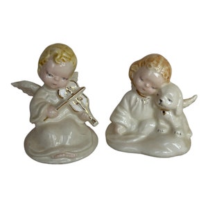 Vintage Set Of Girl W/Puppy Angel & Boy Playing Violin Angel Figurines Christmas