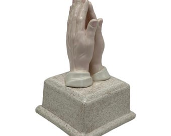 Vintage Ceramic Praying Hands on a Base  Flesh Colored  Religious Figurine 1970