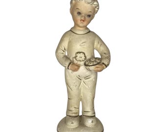 Vintage Ceramic Boy Figurine Hummel-Like 8” Tall  Unmarked  Hand Painted Ivory