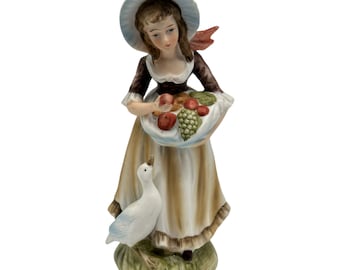 Vintage Lefton Japan Bisque Porcelain 7.5" Country Girl W/ Goose Figurine #6988