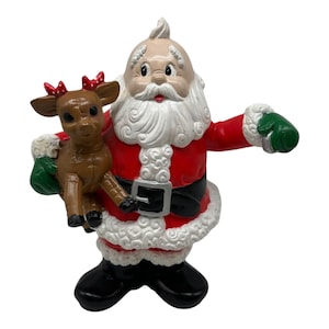 Vintage Hand Painted Ceramic Jolly Santa Claus Holding Reindeer  11.5”