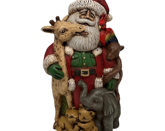 VTG Ceramic Christmas Safari Santa Animals Giraffe Elephant Cubs Monkey 9.5”