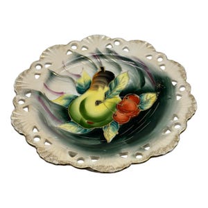 Vintage Porcelain Fruit Pedestal Compote Hand Painted Reticulated Gold Gilded