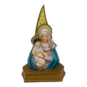Vintage Mother Mary Holding Baby Jesus Painted Religious Resin 8” Star Figurine