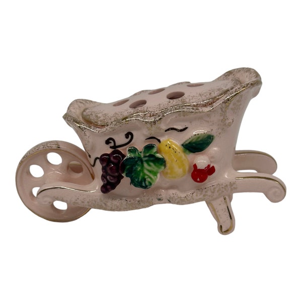 Vintage Porcelain Flower Vase Frog Wheelbarrow - 3 D Fruit - 7 Holes