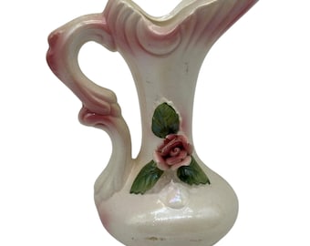Vintage Lusterware Rose Bud Vase Ewer Pitcher Pink & Green 5.5” Tall