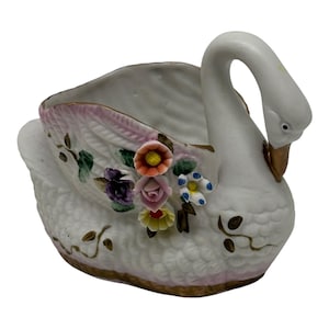 Vintage Swan Figurine Trinket Dish  Pink White  3D Floral  Porcelain Bisque