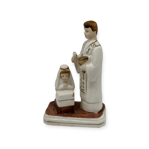 Figurine de première communion pour fillette vintage, prêtre, pasteur, décoration de gâteau 4,5 po.