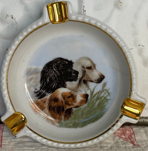 カシニョール灰皿新品Cassigneul Ashtray Dog Bird Schumann Arzberg Germany Dog Ashtray Candy Dish 4” Golden Crown