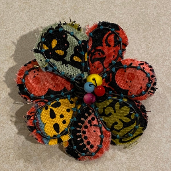 Wired Fabric Brooch Handmade Vibrant Colors and Beads