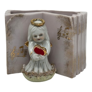Vintage Angel Holding Red Valentines Day Heart Vase Planter 3” Tall  Spaghetti