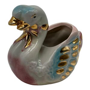 Vintage Glazed Ceramic Double Swan Couple Planter Burgundy Blue Gold  4.5” Tall