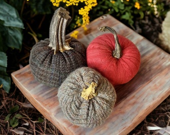 NEW Set Of 3 Handmade Fall Autumn Wool & Sweater Fabric Pumpkins Real Stems  Halloween  Cute!