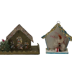 VTG Christmas Putz Cardboard Pipe Cleaner Santa House & Church~Japan~Tinsel Roof