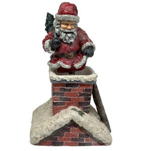 Vintage Bobble Santa W/Sack Of Toys On Chimney Rooftop~15” Tall~Paper Mache~Mica